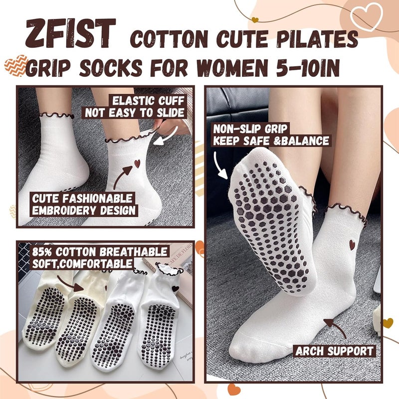 ZFiSt Pilates Socks with Grips for Women,4Pairs Ruffle Yoga Sock Cute Cotton Grippy Socks for Barre Workout Non Slip 5-10in - Image 2